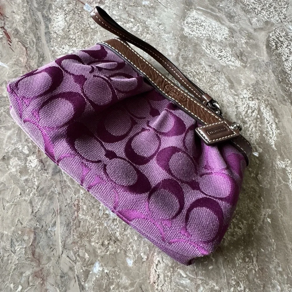 Coach Purple Logo Wristlet Bag with Brown Trim and Wrist Strap